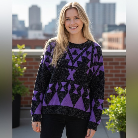 Vintage GFC New York 80’s Black & Purple Geometric Sweater - Picture 2 of 15